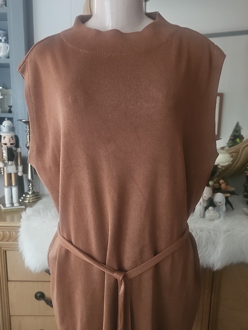 Signature By Robbie Bee Sleeveless Belted Brown Knit Dress Size XL